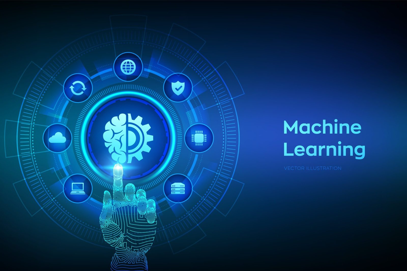 Home machine learning. ai artificial intelligence. deep learning. data mining, big data, algorithm, neural network concept on virtual screen. wireframe hand touching digital interface. vector illustration.