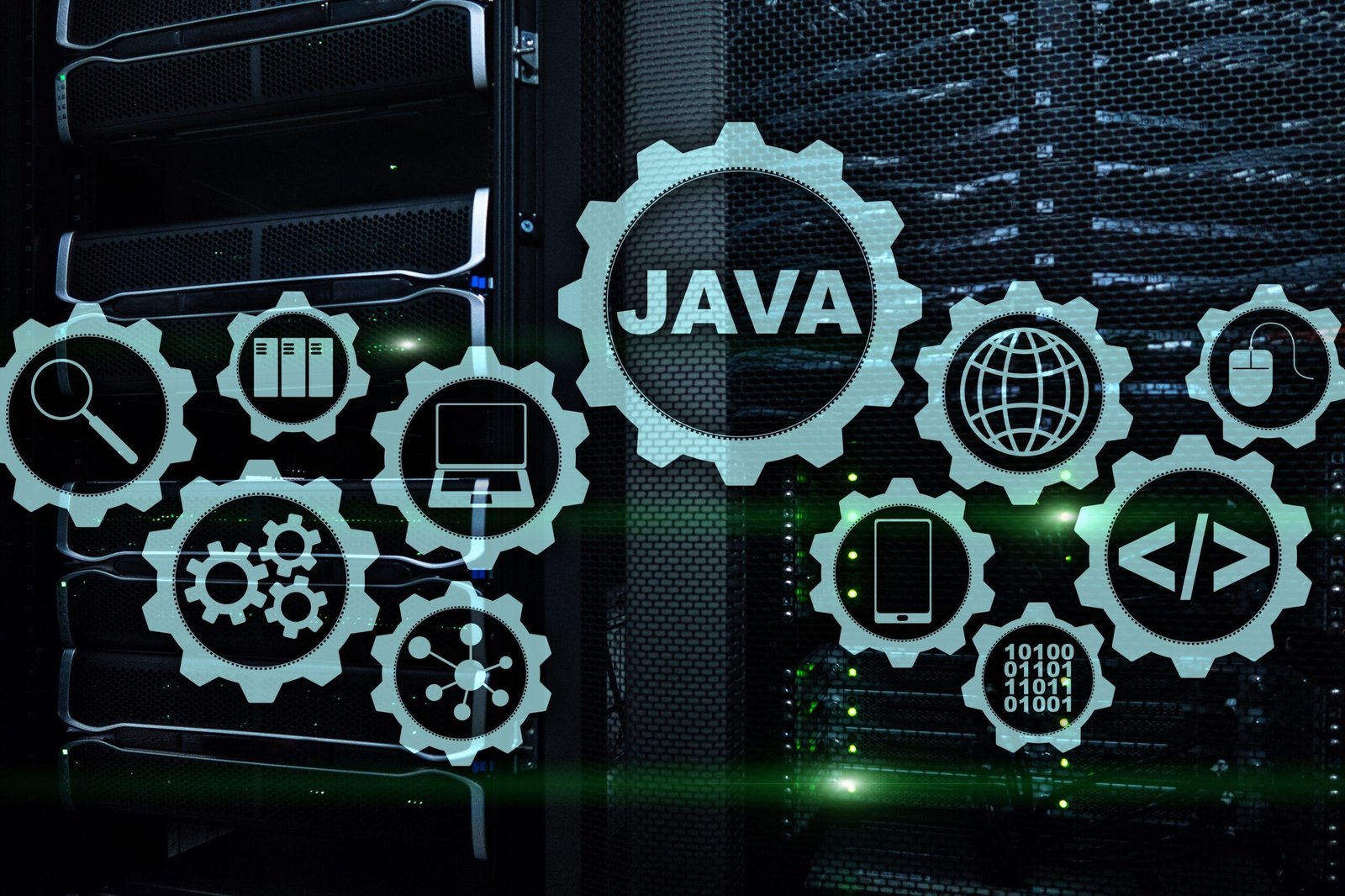 Home java programming concept. virtual machine. on server room background.