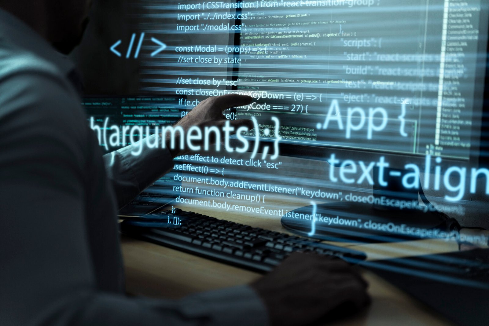 Home programming background with person working with codes computer