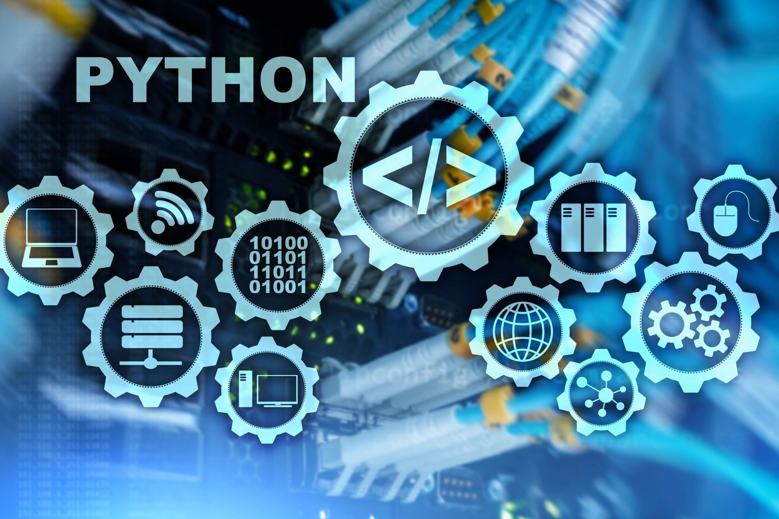 Home python programming language on server room background. programing workflow abstract algorithm concept on virtual screen