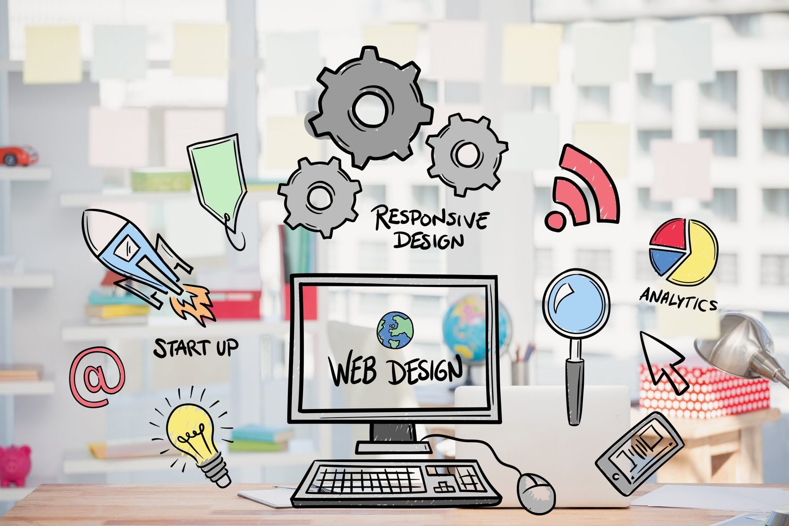 Home digital composite of business graphics with office background